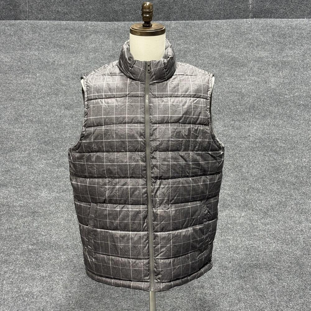 Gap Vest Mens Large Gray Puffer Quilted Zip Front Outdoor Windowpane Check